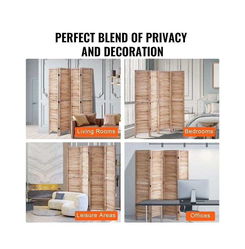 Slickblue Wooden Folding Room Divider, 4 Panel Privacy Screen, Tall Louvered Partition for Indoor Spaces-Burlywood