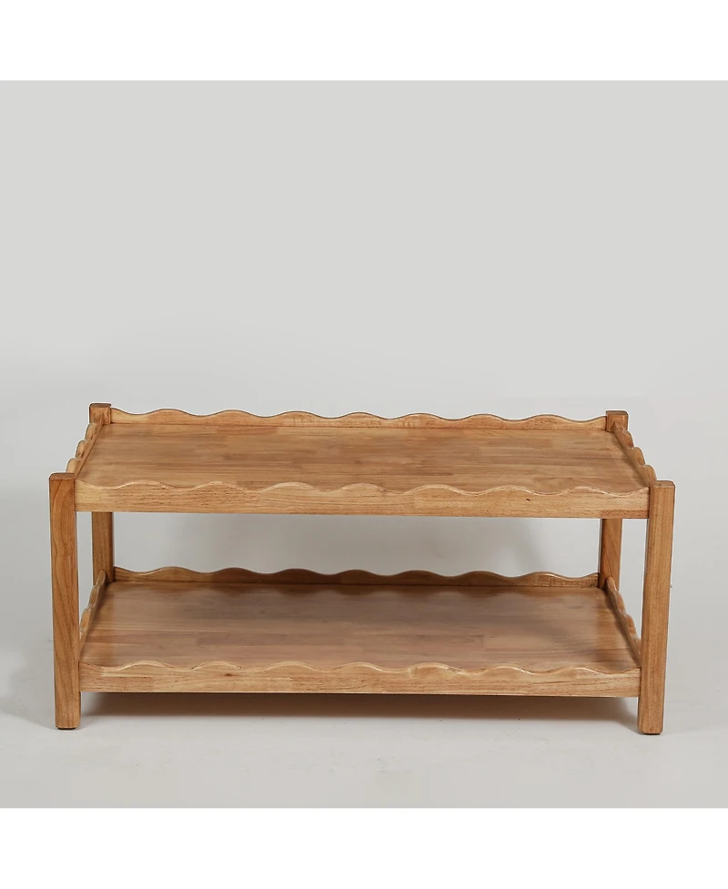 Flynama 2-Tier Rectangular Coffee Table Rubberwood Storage Shelf Modern Living Room Table