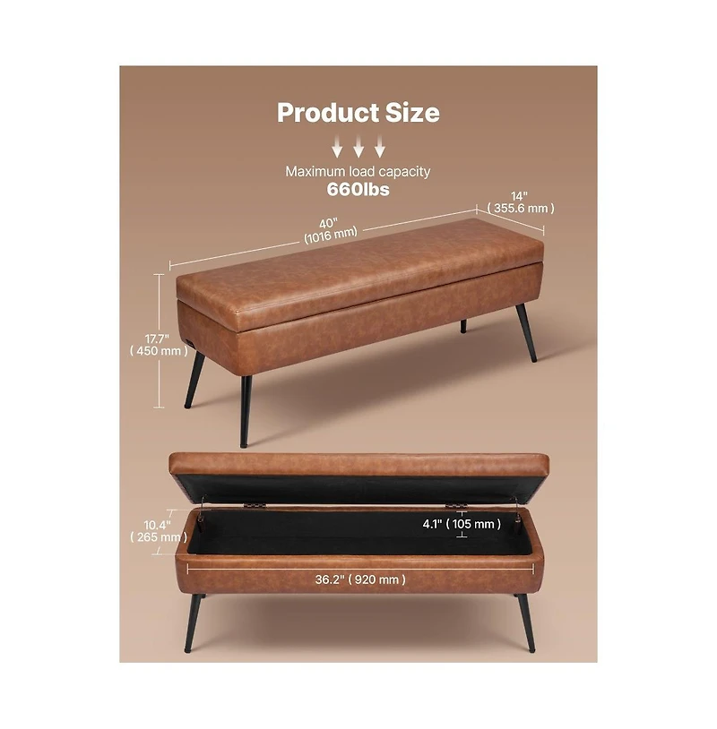 Slickblue Upholstered Leather Storage Bench with Metal Legs for Bedroom Home
