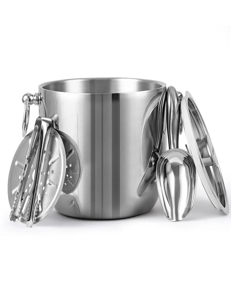 Piscifun 3L Double Wall Stainless Steel Insulated Ice Bucket With Lid Scoop Tongs Strainer For Parties Bars