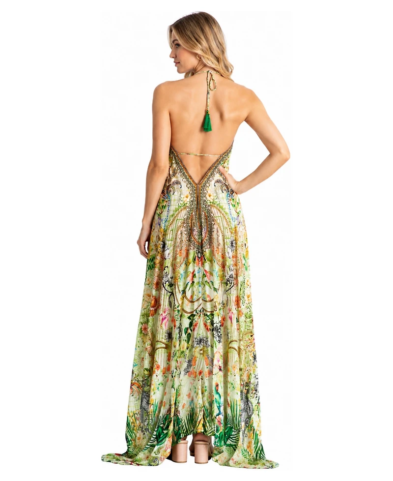La Moda Clothing Women's Tropical Floral Halter-Plunge High-Low Maxi Dress