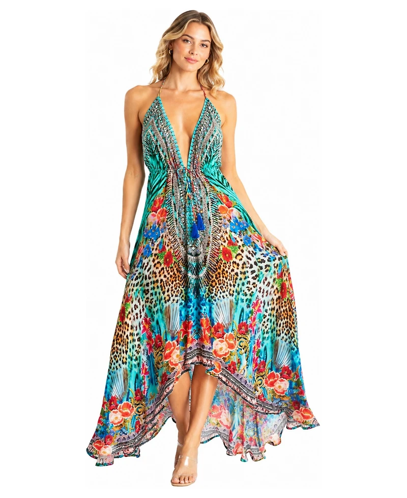 La Moda Clothing Women's Plunge Halter High-Low Maxi Dress