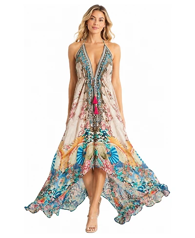 La Moda Clothing Women's Floral Halter Plunge Maxi Dress