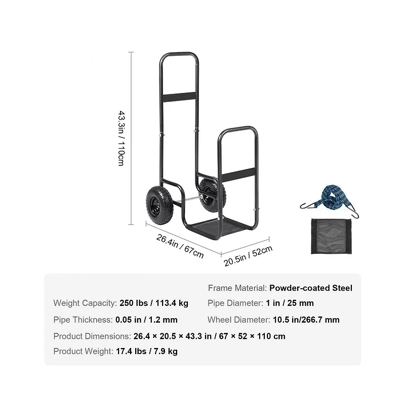 Slickblue Firewood Dolly Cart with Rubber Wheels Heavy Duty Wood Carrier