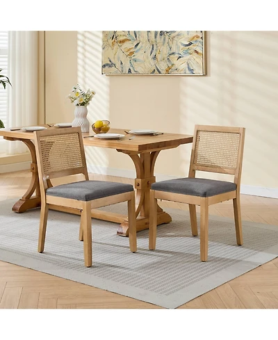 Flynama Set of 2 Hardwood Linen Upholstered Cane Rattan Dining Side Chairs