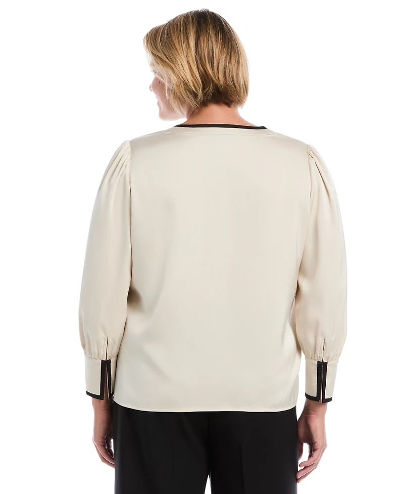 Rafaella Plus Satin Split-Neck Long-Sleeve Blouse