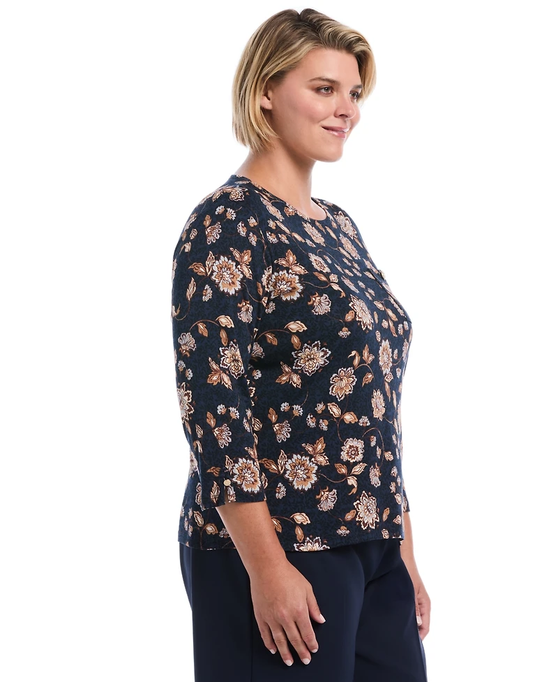 Rafaella Plus Floral-Print 3/4-Sleeve Cotton Blouse
