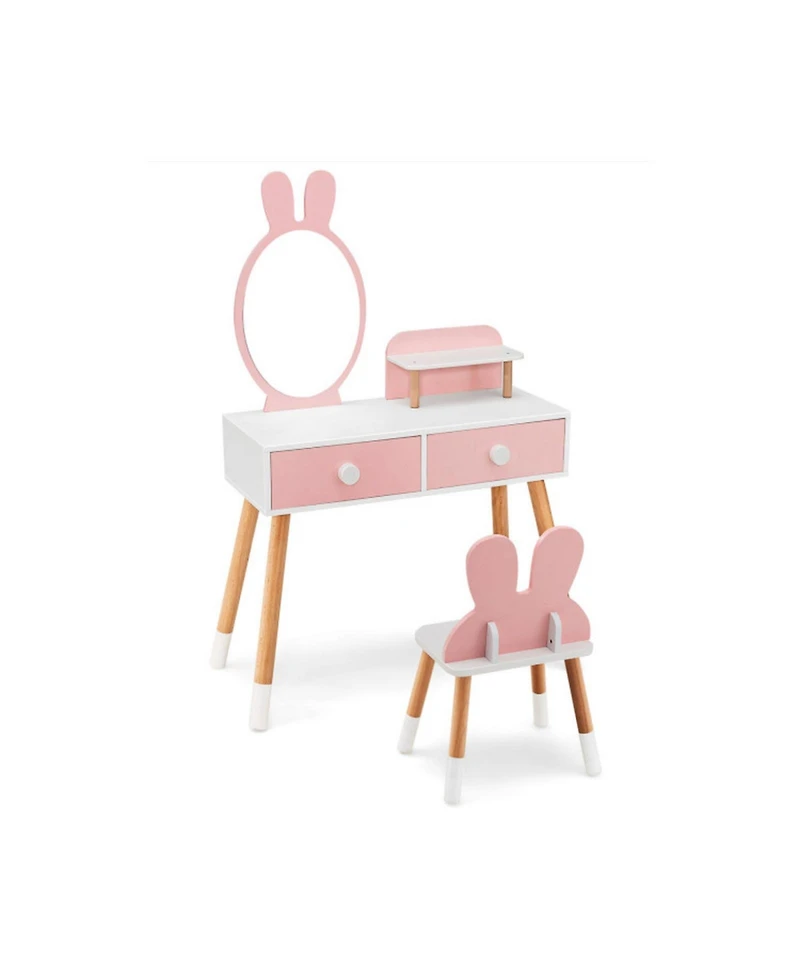 Gouun Kids Vanity Table and Chair Set with Storage Drawer and Rabbit Mirror