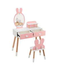 Gouun Kids Vanity Table and Chair Set with Storage Drawer and Rabbit Mirror