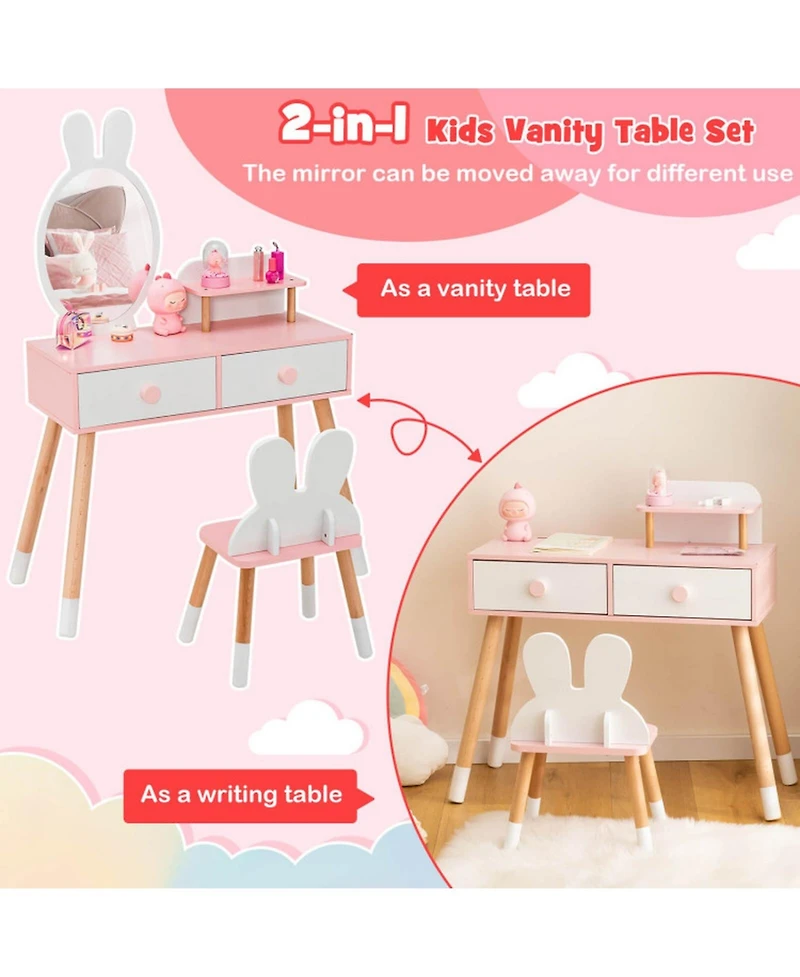 Gouun Kids Vanity Table and Chair Set with Drawer Shelf and Detachable Rabbit Mirror