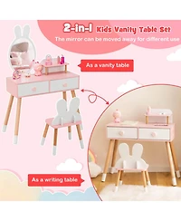 Gouun Kids Vanity Table and Chair Set with Drawer Shelf and Detachable Rabbit Mirror