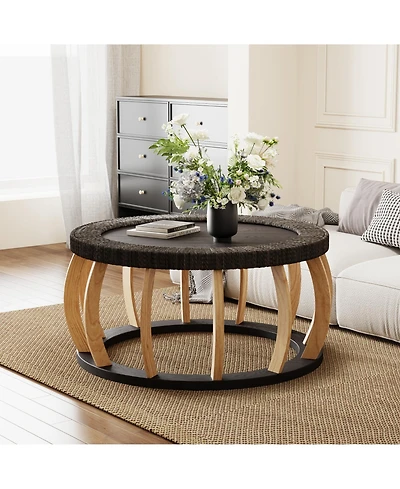 flynama 35.43" Vintage Rattan Round Coffee Table, Solid Wood Curved Leg Boho Table, 110lbs Capacity