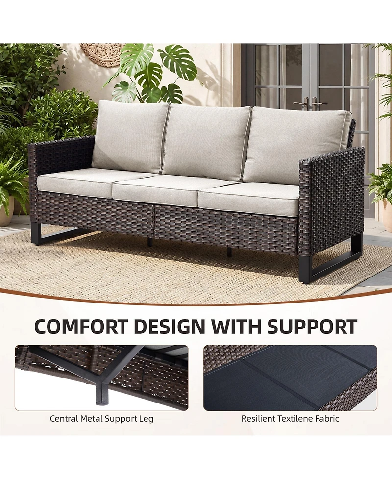 Pocassy Outdoor Patio Sofa, 3-Seat Wicker Couch with Thick Cushions, Deep Seating Furniture
