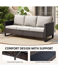 Pocassy Outdoor Patio Sofa, 3-Seat Wicker Couch with Thick Cushions, Deep Seating Furniture