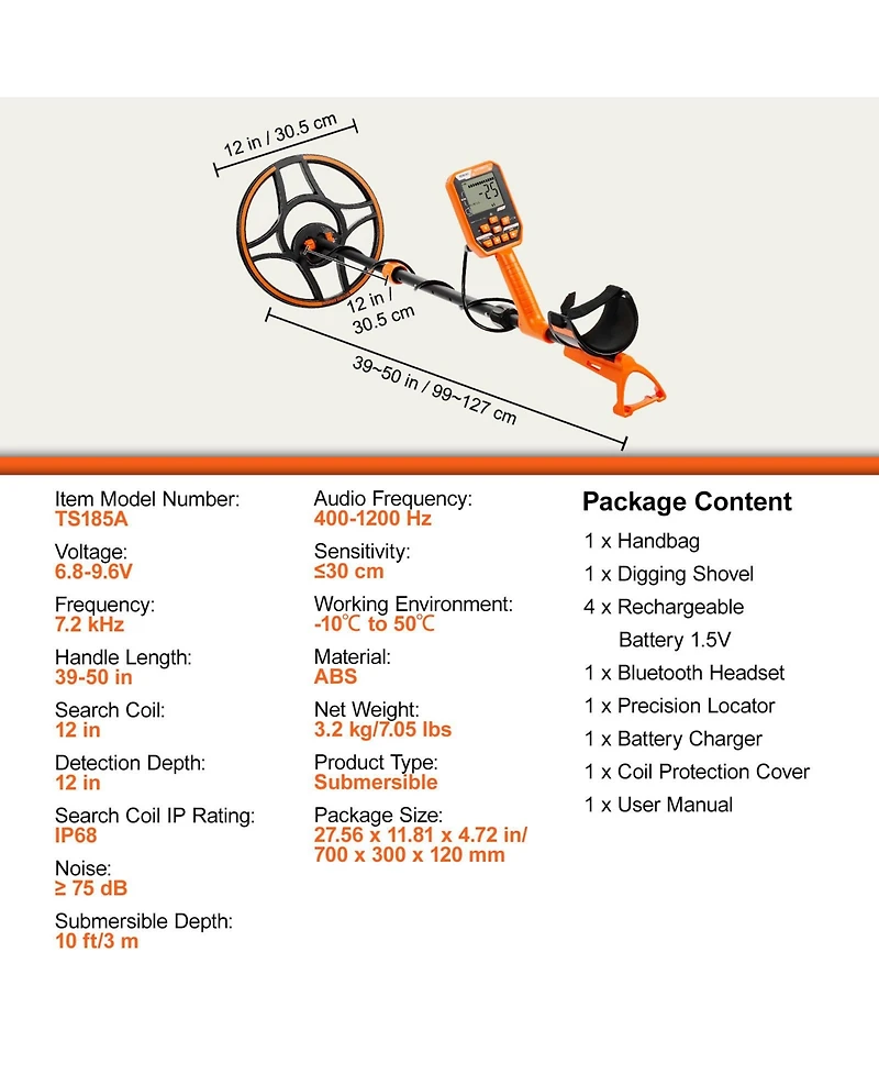 Sugift Waterproof Metal Detector with 12inches Coil Rechargeable 39-50 in Adjustable Lcd 7 Modes IP68