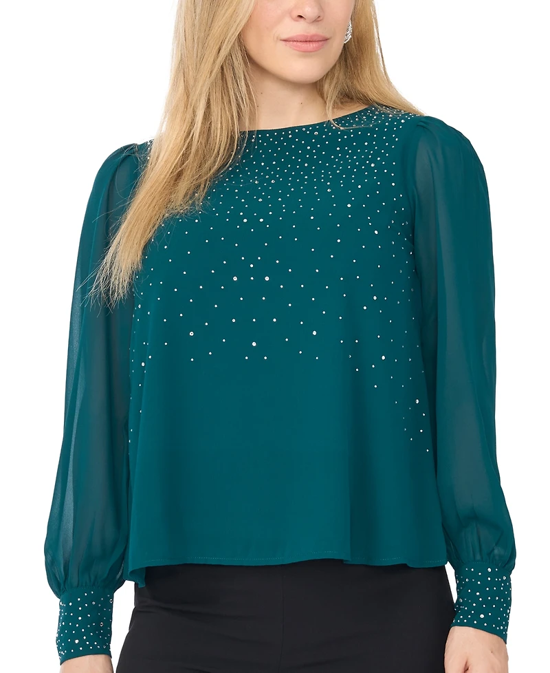 Msk Petite Rhinestone-Embellished Long-Sleeve Blouse