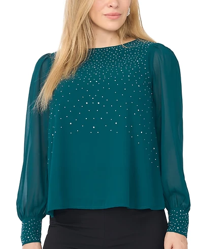 Msk Petite Rhinestone-Embellished Long-Sleeve Blouse