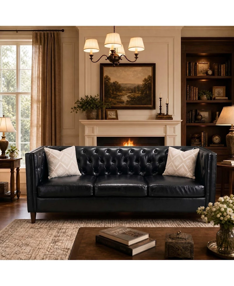 homfan 81'' Modern Leather Couch for Living Room, Mid Century Sofa with Deep Seat, Handmade Button Tufted Sofa, Chesterfield 3 Seat