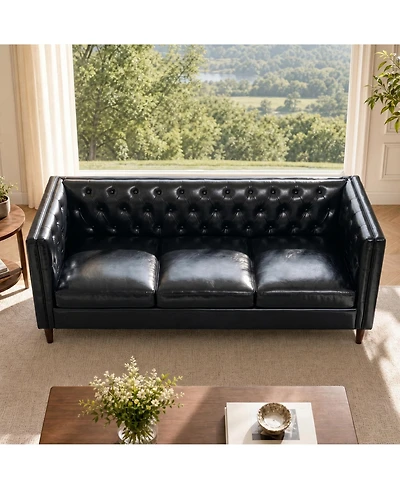 homfan 81'' Modern Leather Couch for Living Room, Mid Century Sofa with Deep Seat, Handmade Button Tufted Sofa, Chesterfield 3 Seat