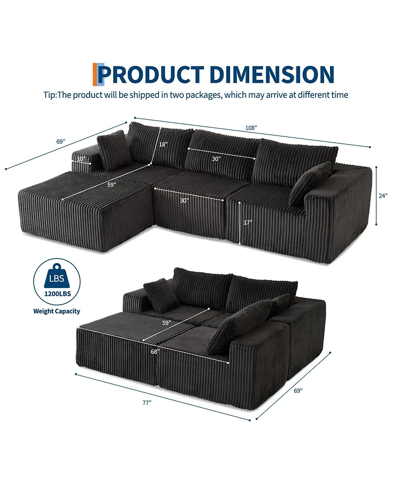 homfan Oversized Modular Sectional, Cloud-Like Comfort L-Shaped- Couch Luxury Corduroy Fabric, Convertible Sofa Bed Living Room