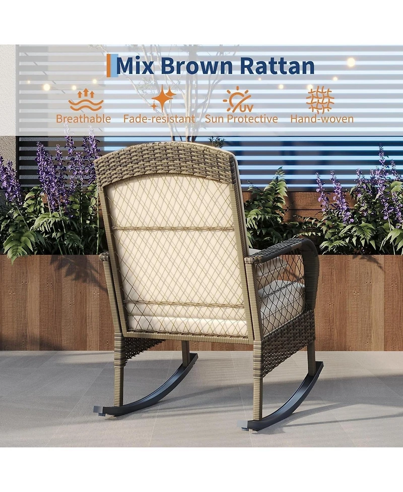 homfan Outdoor Wicker Rocking Chair, High-Back, Thick Cushion, Steel Frame, Ergonomic High-Back Comfort, Handwoven Rattan for Garden, Porch, Deck