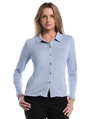 Rafaella Petite Long-Sleeve Ruffle-Trim Cotton Shirt