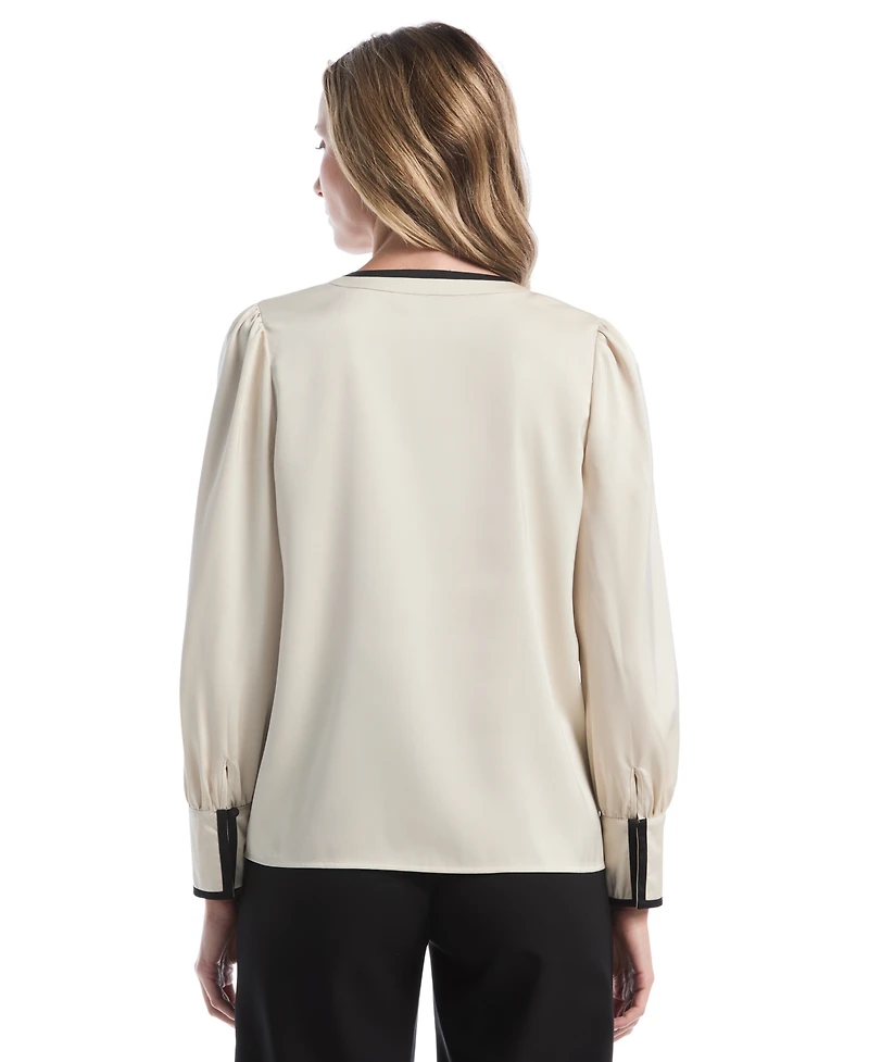 Rafaella Petite Long-Sleeve Split-Neck Satin Blouse