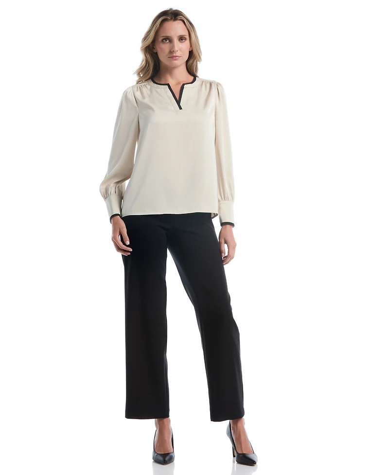 Rafaella Petite Long-Sleeve Split-Neck Satin Blouse