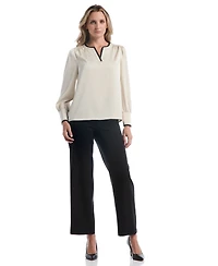 Rafaella Petite Long-Sleeve Split-Neck Satin Blouse