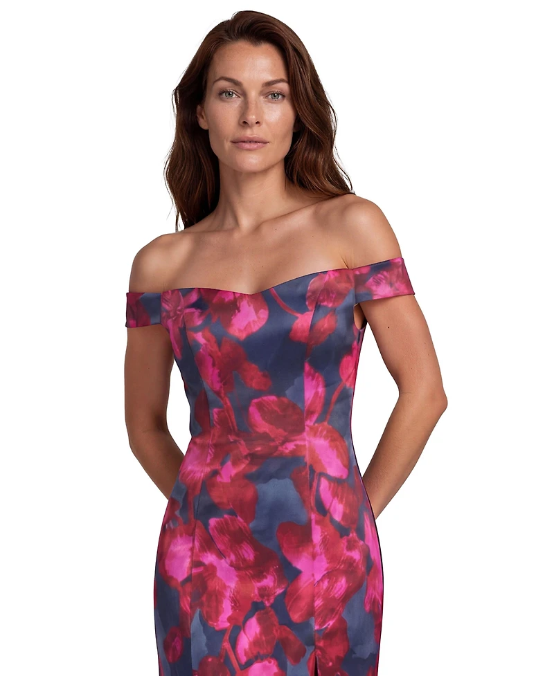 Rene Ruiz Occasion Women's Off The Shoulder Printed Scuba Fit and Flare Gown