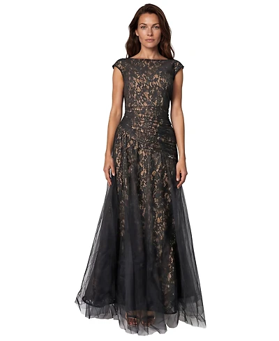 Rene Ruiz Occasion Women's Bateau Neck Lace tulle A-Line Gown