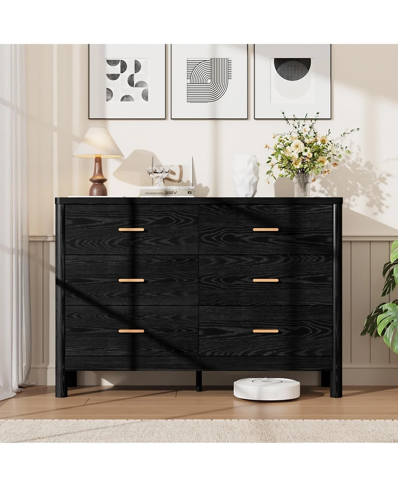 homfan 6 Drawer Dresser, 47.24" Wide Farmhouse Chest with Cylindrical Legs, Metal Handles and Anti-Tip, Freestanding Storage Organizer for Living Room