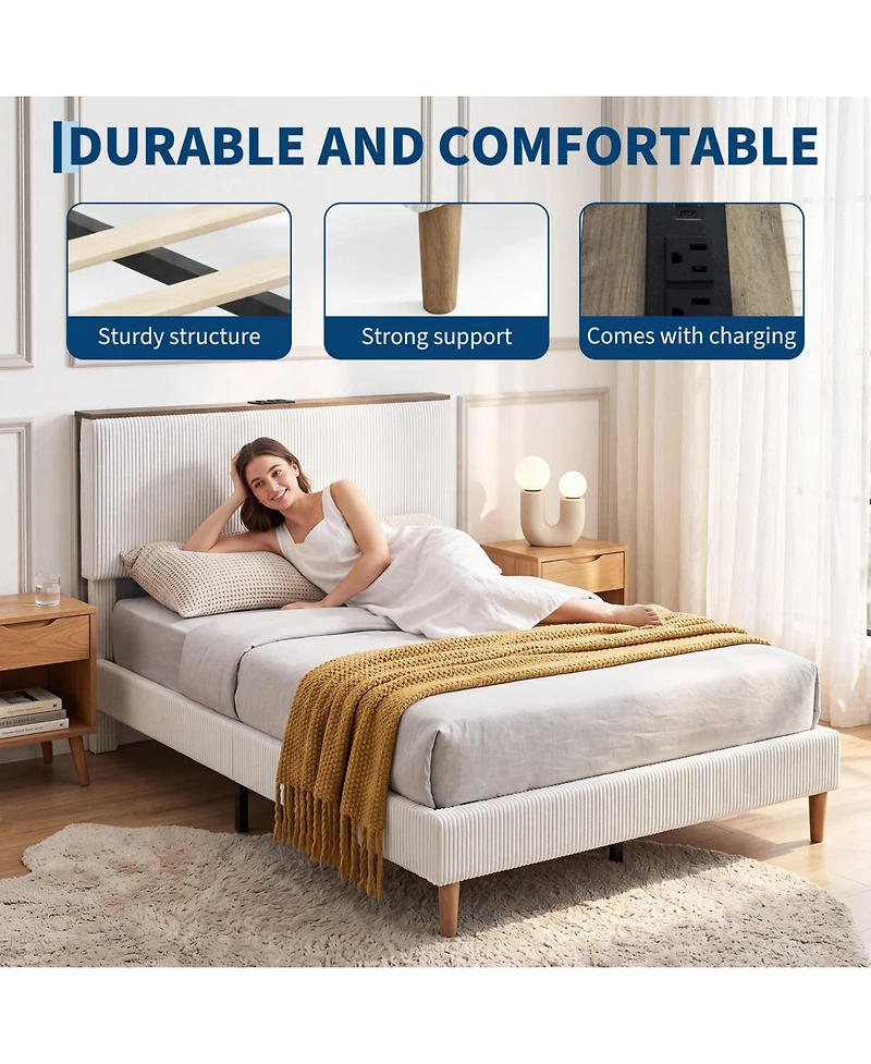 homfan Bed Frame Headboard, Upholstered Platform Bed Frame, Corduroy Storage Headboard, Charging Station, Led Lights, Noise Free