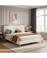 homfan Bed Frame Headboard, Upholstered Platform Bed Frame, Corduroy Storage Headboard, Charging Station, Led Lights, Noise Free