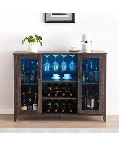 homfan Farmhouse Wine Bar Cabinet with Led Light, Wood Storage Cabinet with Glass Doors, Adjustable Shelves, Wine and Coffee Station for Home Bar