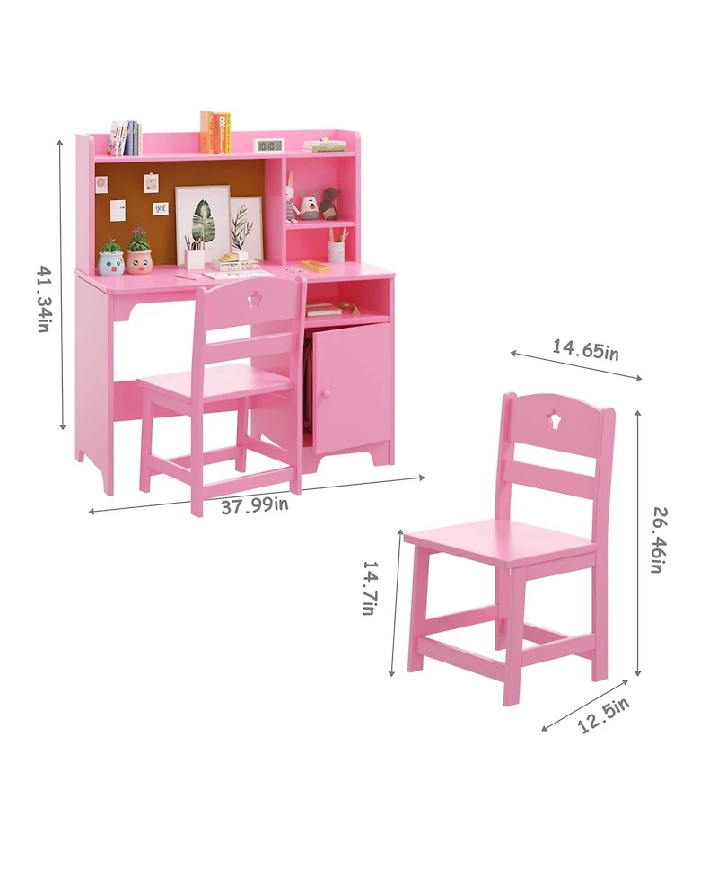 homfan Kids Desk and Chair Set with Hutch, Wooden Writing Table Storage Cabinet for Bedroom, Study Room, Computer Workstation