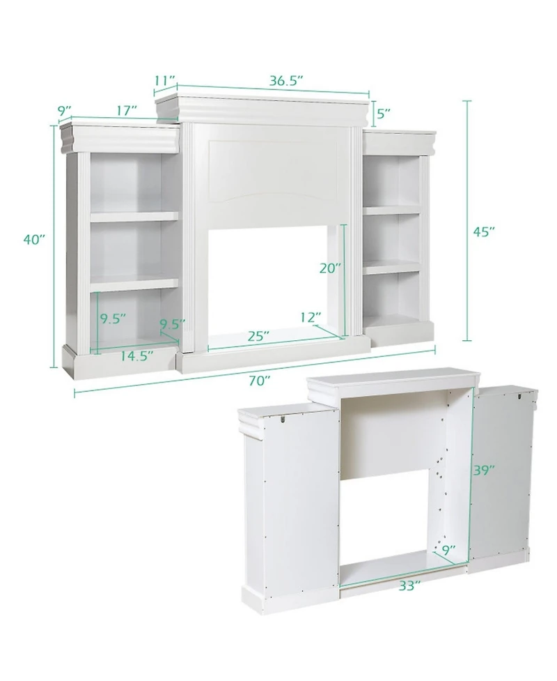 Gouun 70 Inch Fireplace Media Console with 6-Shelf Bookcase Storage