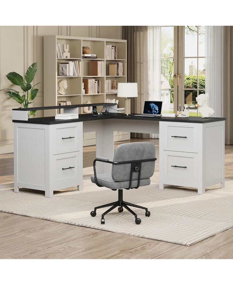 gaomon 63 Inch L-Shaped Desk with 4 File Drawers and Power Outlets, Large Corner Computer Desk with Integrated Monitor Stand, Rustic Office Desk