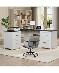 gaomon 63 Inch L-Shaped Desk with 4 File Drawers and Power Outlets, Large Corner Computer Desk with Integrated Monitor Stand, Rustic Office Desk