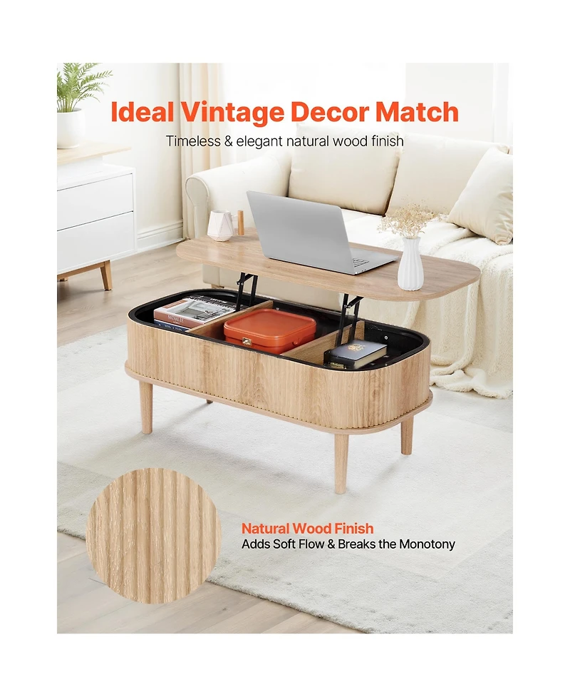 Sugift 39.4 in Lift Top Oval Coffee Table with 3 Hidden Compartments Wooden Storage Table