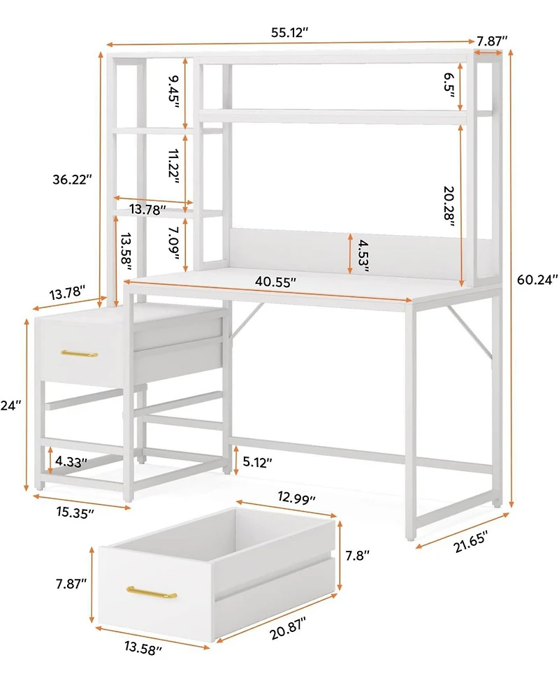 Tribesigns 55" Computer Desk with 2 Drawers and Hutch, White