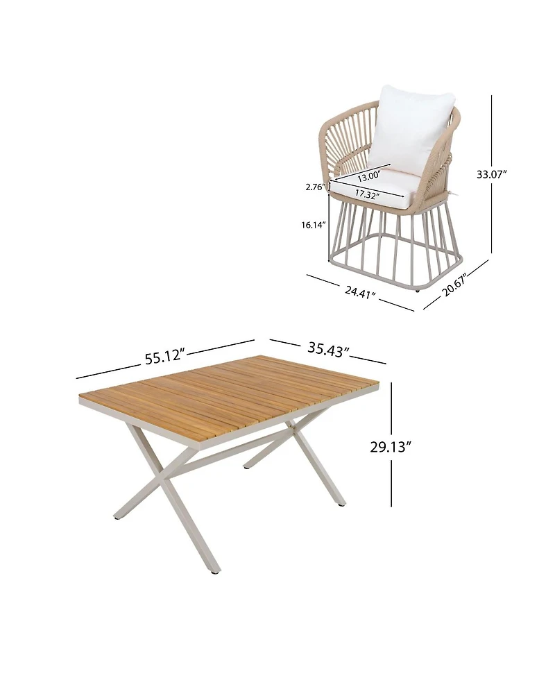 Asagikoiai 5-Piece Outdoor Dining Set, Wood Table and 4 Woven Rope Chairs with Steel Frame