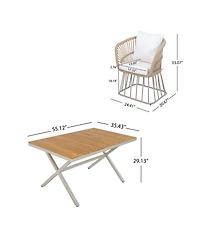 Asagikoiai 5-Piece Outdoor Dining Set, Wood Table and 4 Woven Rope Chairs with Steel Frame