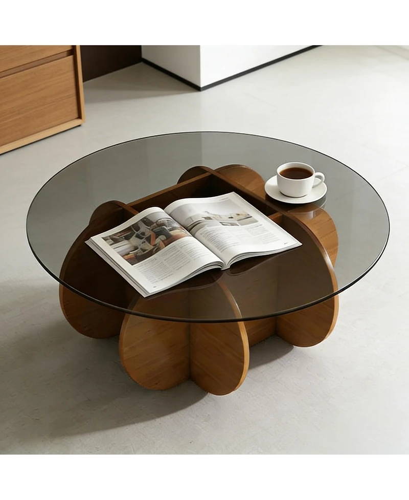 Flynama 31.5 Inch Round Walnut Coffee Table, Mid Century Modern Tempered Glass Top Center Table for Living Room