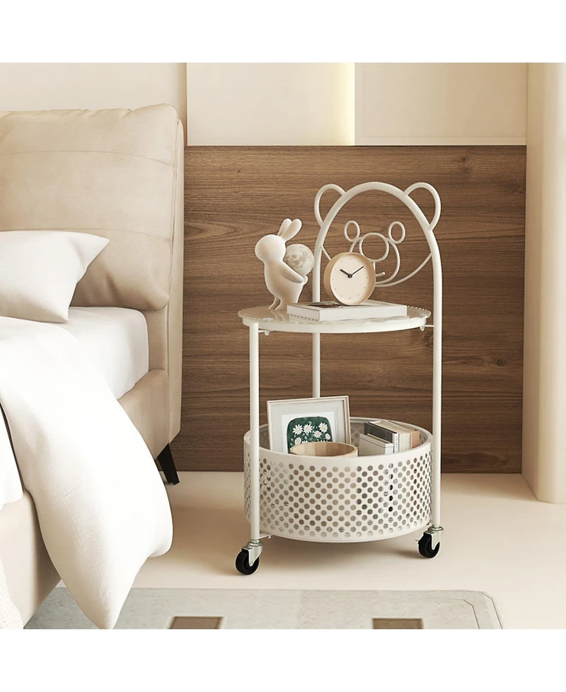 Gouun Modern Glass Sofa Side Table on Lockable Wheels with Storage Basket