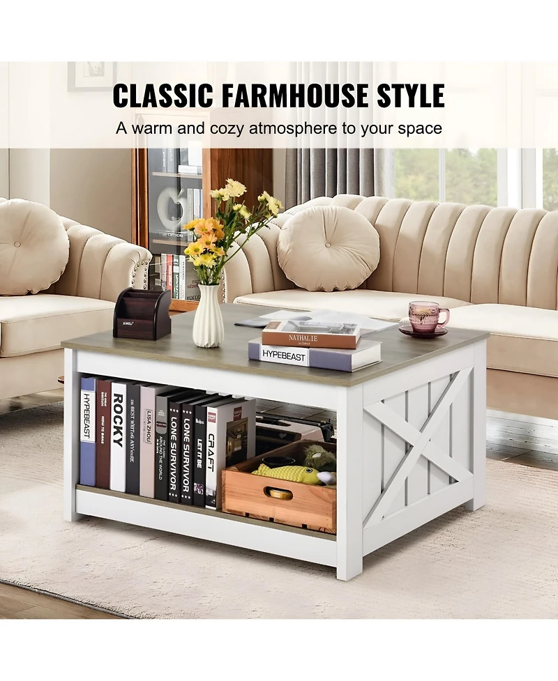 Slickblue Farmhouse Square Coffee Table with Open Storage Compartment