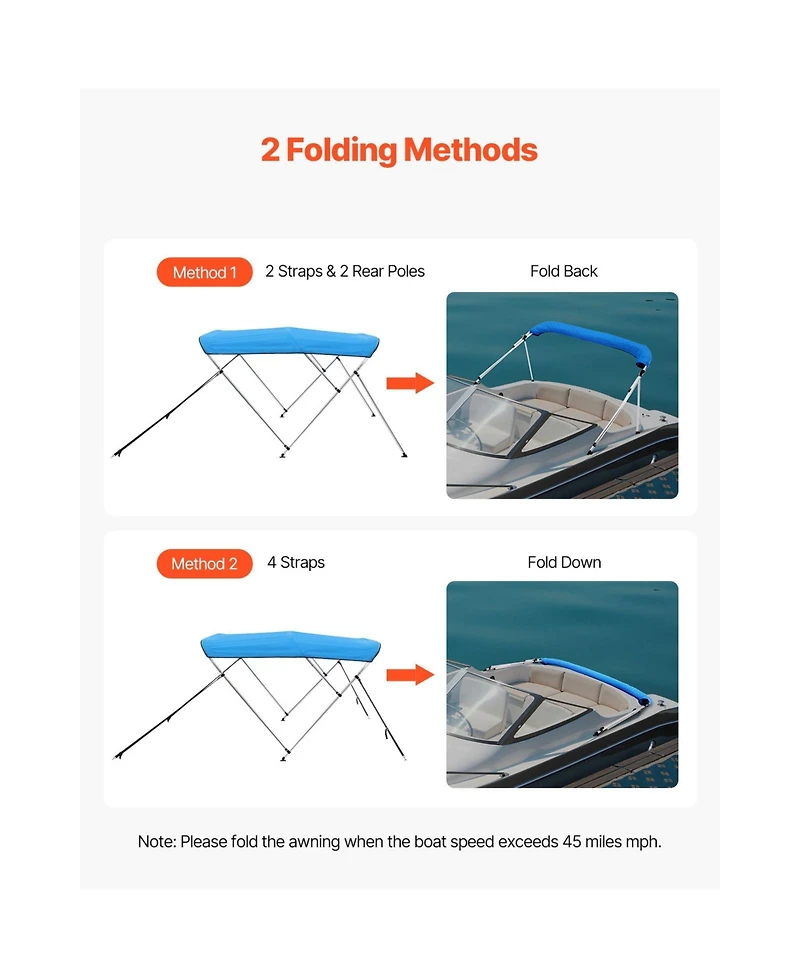 Sugift 3 Bow Boat Bimini Top 600D Polyester Canopy Aluminum Frame 6Lx61in-66inW x46inH