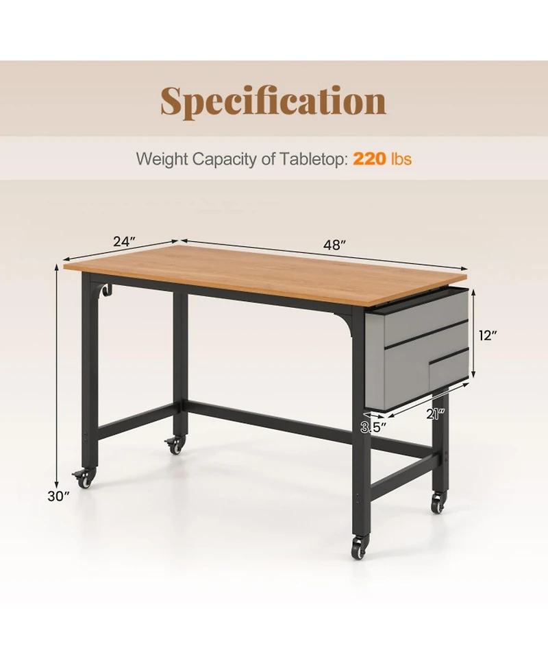 Gouun 48 Inch Rolling Computer Desk with Heavy-Duty Metal Frame and 4 Casters