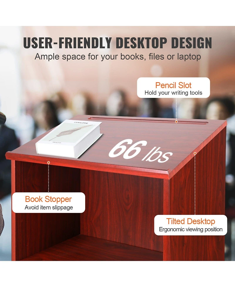 Sugift 47 in Wood Podium Stand with 4 Rolling Wheels Storage Shelves and Slant Desktop