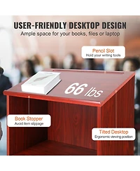 Sugift 47 in Wood Podium Stand with 4 Rolling Wheels Storage Shelves and Slant Desktop